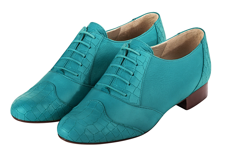 Turquoise blue women's fashion lace-up shoes. Round toe. Flat leather soles. Front view - Florence KOOIJMAN